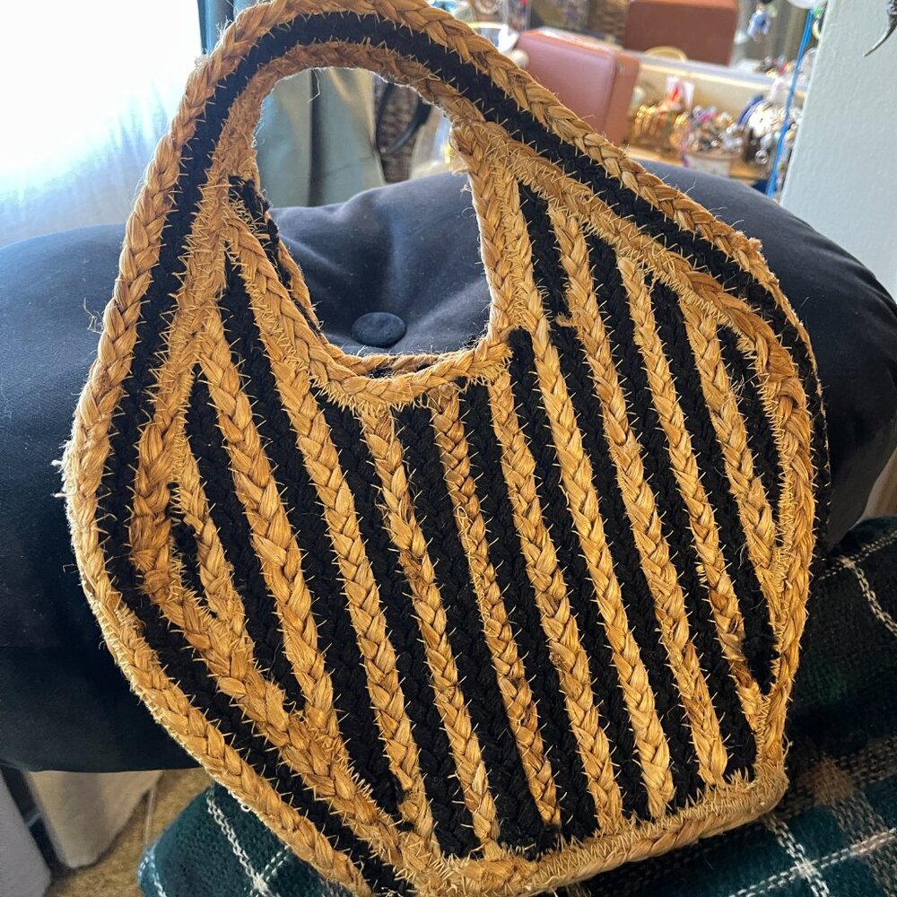Natural purse black tan fibers summer nondescript tote bag handheld granola boho - Picture 3 of 3